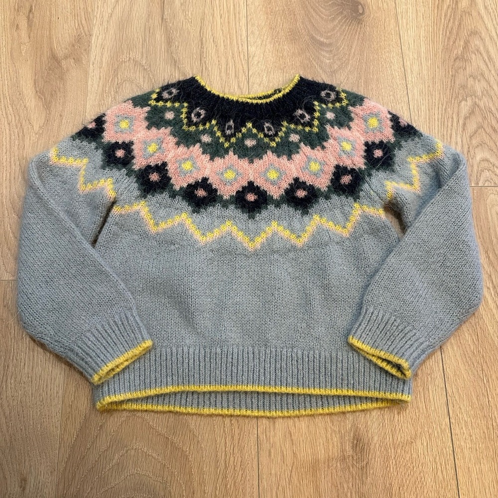 Mini Boden Fair Isle Cardigan Size 3-4 Rainbow Blue Girls Warm Sweater Alpaca